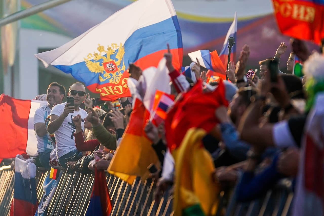 MOSCOW, RUSSIA - JUNE 14: Russian football fans at the FIFA Fan Fest celebrate their team's win against Saudi Arabia at Moscow State University on June 14, 2018 in Moscow, Russia. Russia won the game 5-0. FIFA expects more than three billion viewers of the World Cup competition which begins today. (Photo by Christopher Furlong/Getty Images)