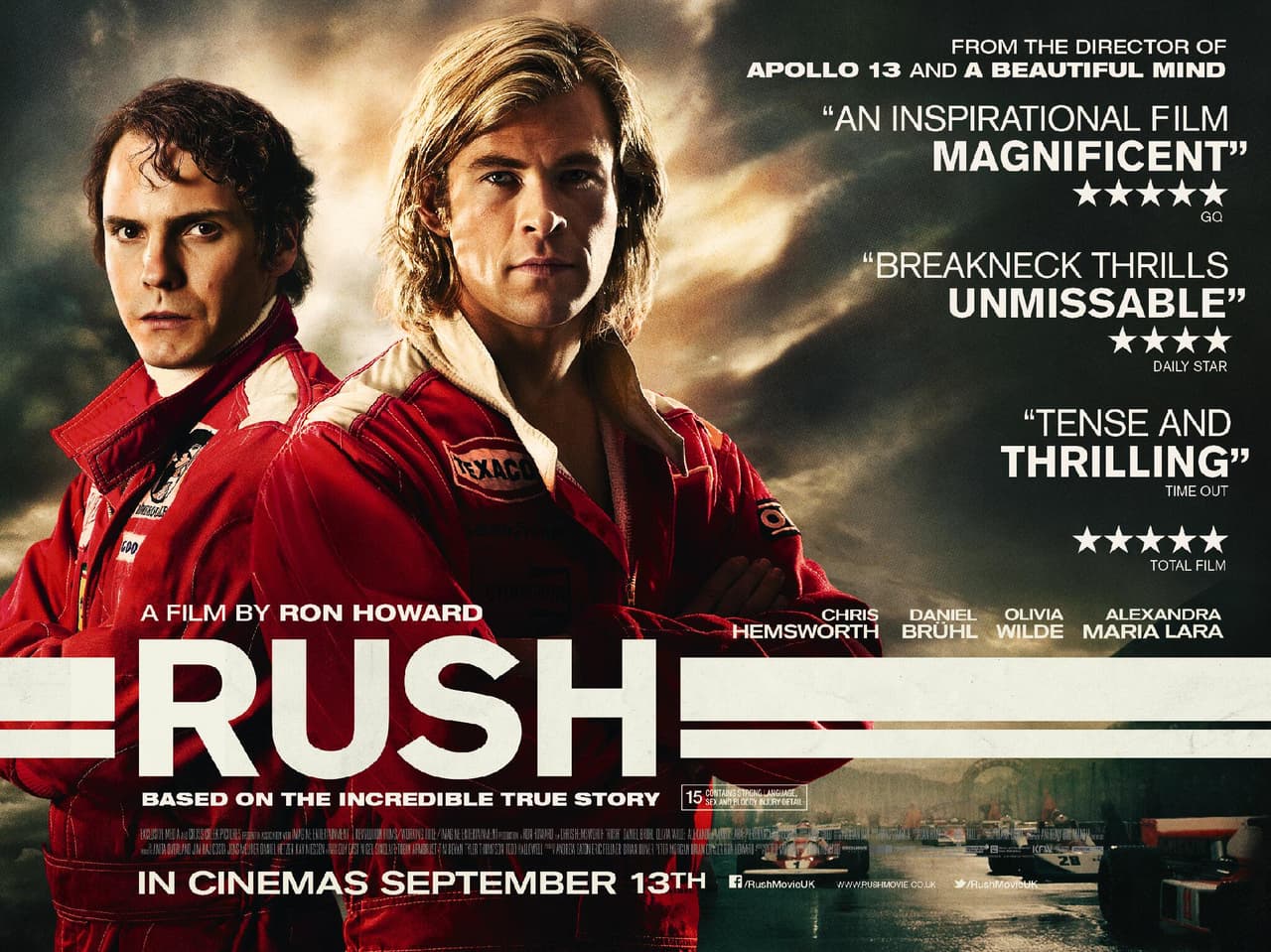‘Rush’-2013. Ron Howard encontró un mar de aficionados y otros que no lo eran tanto, el seguimiento de un deporte que se pensaba que no gozaba de tal popularidad. El hecho de que fuera un (casi) homenaje en vida al entonces vivo Niki Lauda, incrementó la leyenda del tre veces campeón mundial de Fórmula Uno.