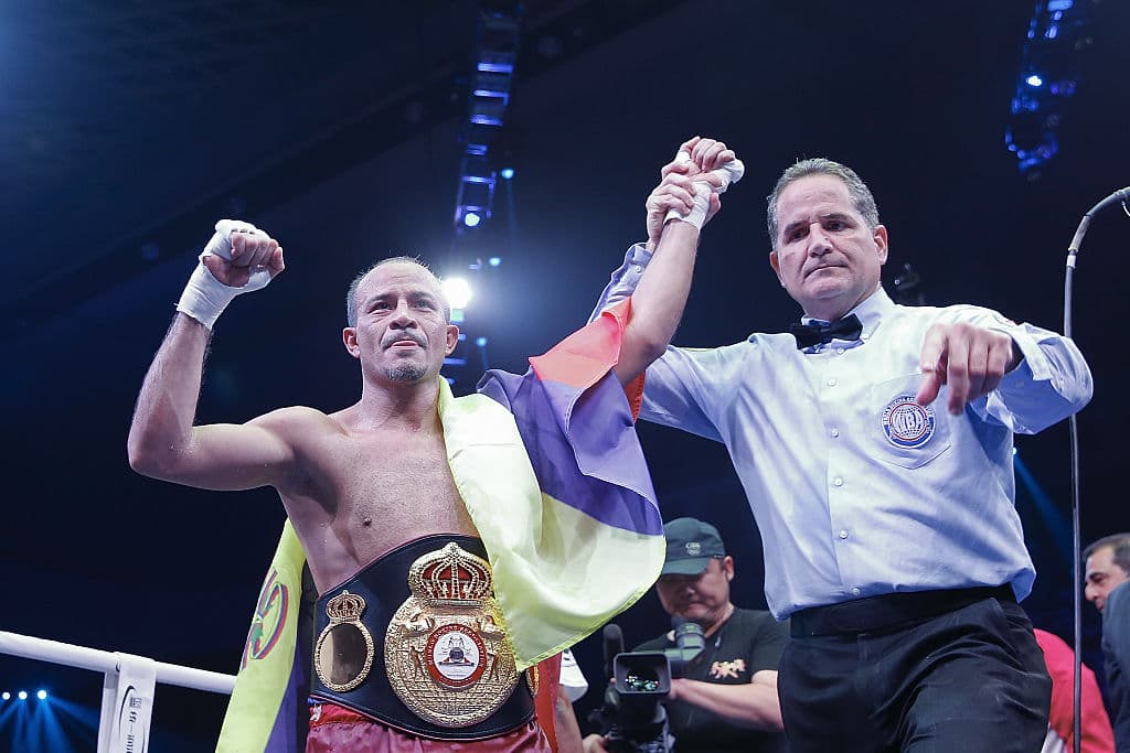 BEIJING, CHINA - JUNE 24: Nehomar Cermeno of Venezuela celebrates his victory over Qiu Xiaojun of China during their WBA world super bantamweight championship belt match at Capital Indoor Stadium on June 24, 2016 in Beijing, China. (Photo by Lintao Zhang/Getty Images)