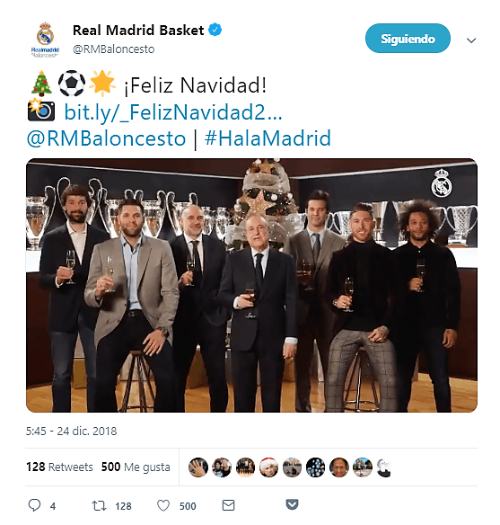 La crema y nata del Real Madrid: Marcelo, Sergio Ramos, Santiago Solari, Florentino Pérez, Pablo Laso, Felipe Reyes y Sergui Llull. Todos ellos, en básquet o fútbol, con los buenos deseos.