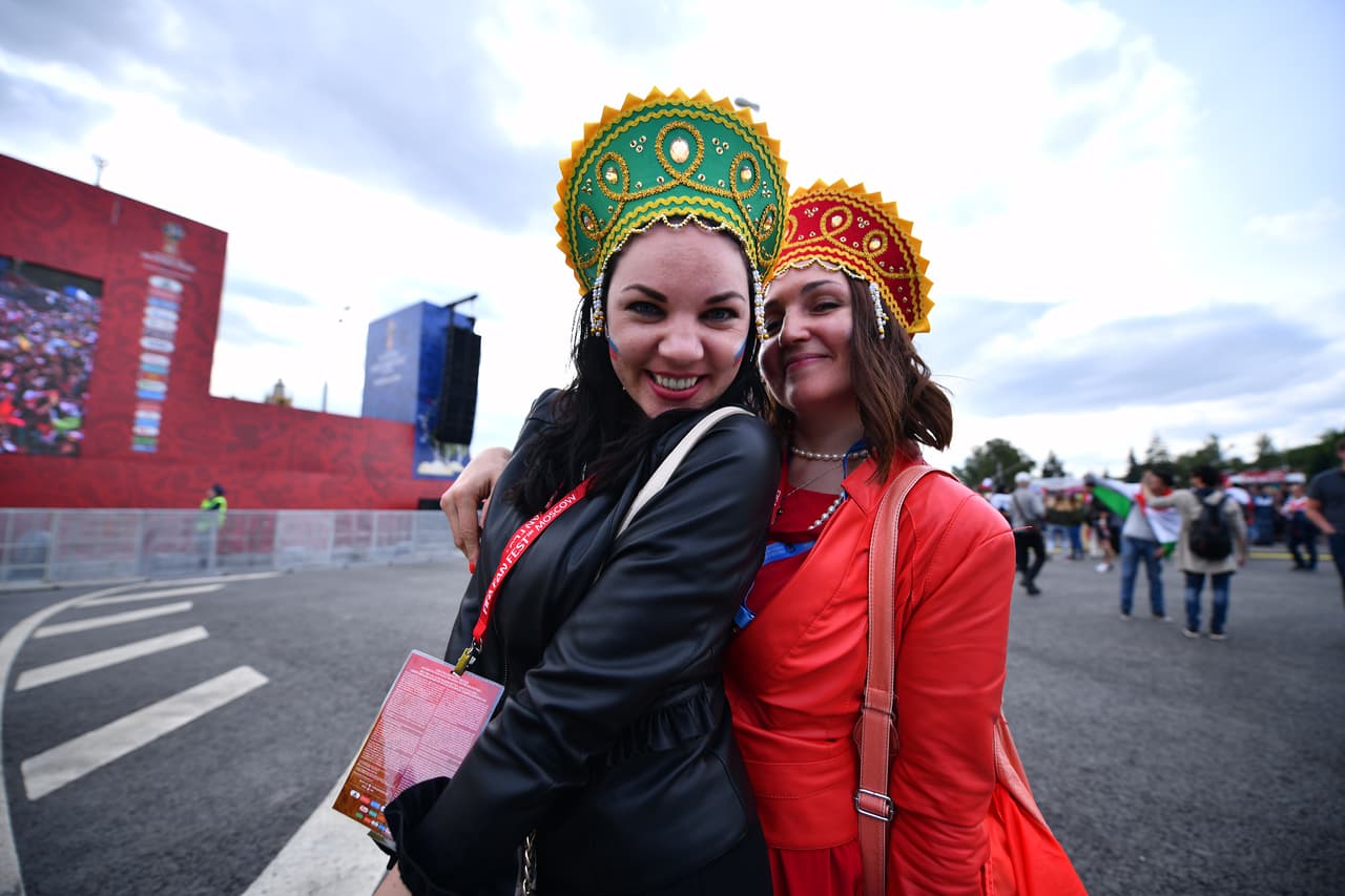 MOSCOW, RUSSIA - JUNE 14: Fans of Russia pose during the 2018 FIFA World Cup Russia group A match between Russia and Saudi Arabia at FIFA Fans Fest Moscow on June 14, 2018 in Moscow, Russia. (Photo by Hector Vivas/Getty Images)