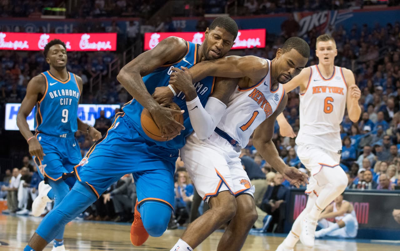 Te traemos las imágenes del primer partido de Carmelo Anthony junto a Russell Westbrook y Paul George contra su antiguo equipo, los Knicks de Porzingis.