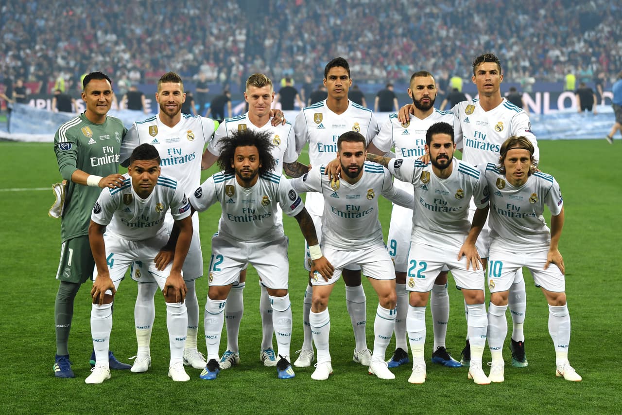 KIEV, UKRAINE - MAY 26: The Real Madrid players line up prior to the UEFA Champions League Final between Real Madrid and Liverpool at NSC Olimpiyskiy Stadium on May 26, 2018 in Kiev, Ukraine. (Photo by David Ramos/Getty Images)