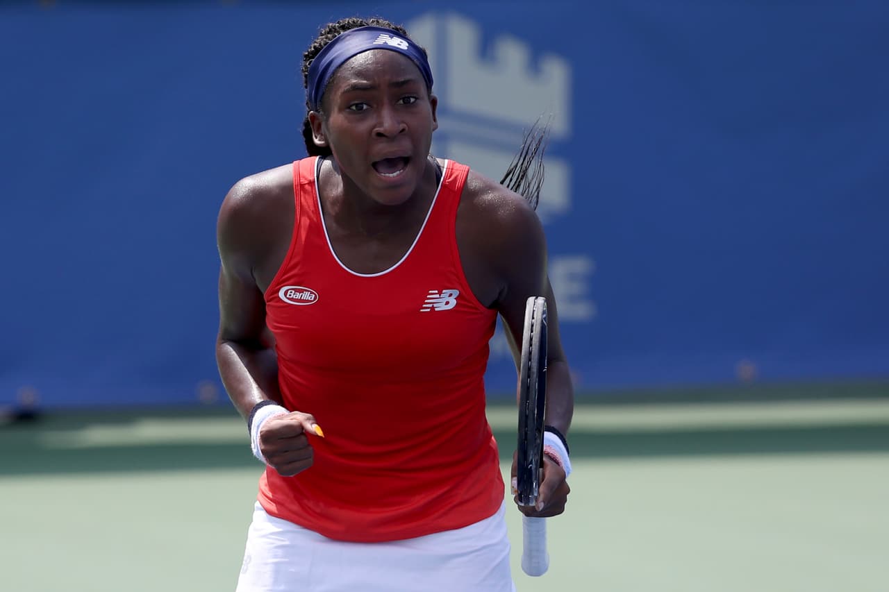 WASHINGTON, DC - JULY 28: Cori Gauff celebrates a point against Hiroko Kuwata of Japan during qualifying for the Citi Open at Rock Creek Tennis Center on July 28, 2019 in Washington, DC. (Photo by Rob Carr/Getty Images)