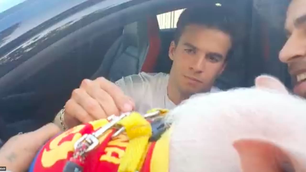 Riqui Puig estampa su autógrafo sobre un cerdo