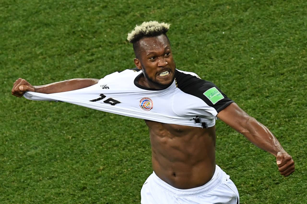 TOPSHOT - Costa Rica's defender Kendall Waston celebrates after scoring his team's first goal during the Russia 2018 World Cup Group E football match between Switzerland and Costa Rica at the Nizhny Novgorod Stadium in Nizhny Novgorod on June 27, 2018. (Photo by Dimitar DILKOFF / AFP) / RESTRICTED TO EDITORIAL USE - NO MOBILE PUSH ALERTS/DOWNLOADS (Photo credit should read DIMITAR DILKOFF/AFP/Getty Images)