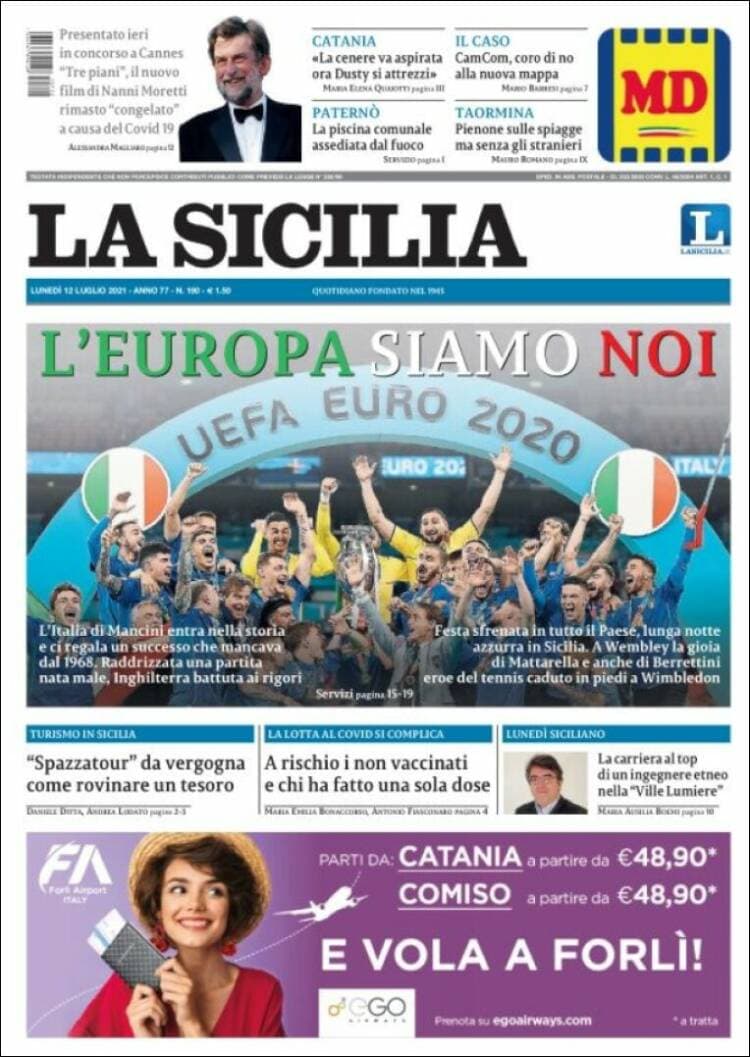 La prensa italiana celebra el campeonato en todos sus ejemplares, dedicándoles la portada a la 'Scuadra Azzurra', mientras que la prensa británica muestra, en la mayoría de sus periódicos muestra al entrenador Gareth Southgate abrazando a Bukayo Saka tras fallar el último penal que le dio la victoria a Italia.