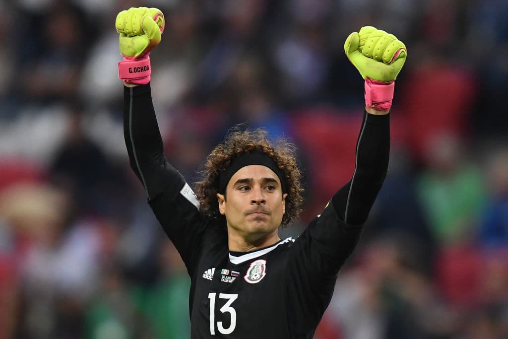 Mexico's goalkeeper Guillermo Ochoa reacts after the team beat Russia 2-1 in the 2017 Confederations Cup group A football match between Mexico and Russia at the Kazan Arena Stadium in Kazan on June 24, 2017. Hosts Russia is eliminated from the tournament. / AFP PHOTO / FRANCK FIFE (Photo credit should read FRANCK FIFE/AFP/Getty Images)