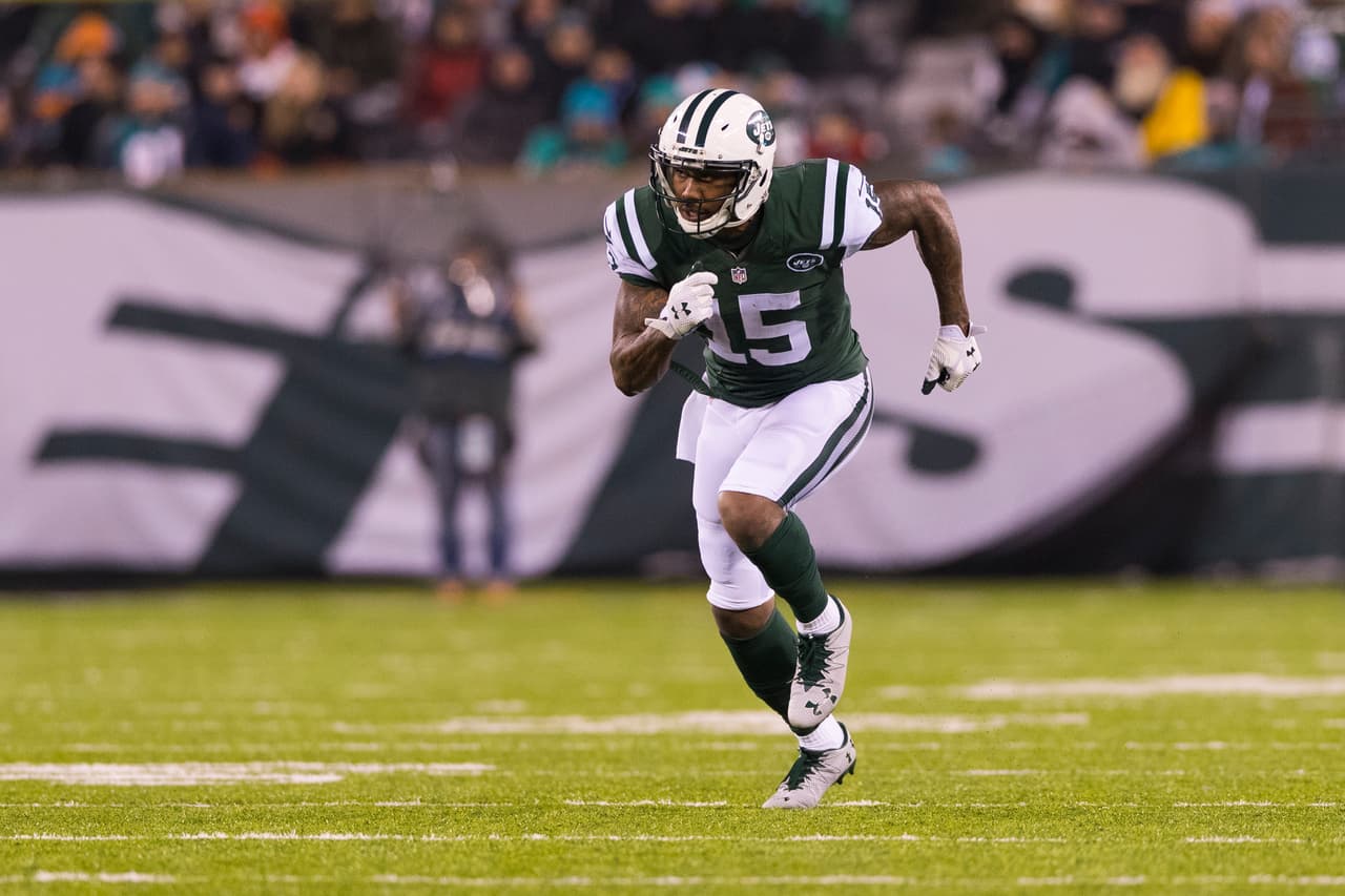 New York Jets wide receiver Brandon Marshall (15) during an NFL regular season game against the Miami Dolphins on Saturday, Dec. 17, 2016 in East Rutherford, N.J. The Dolphins won, 34-13. (Ric Tapia via AP)