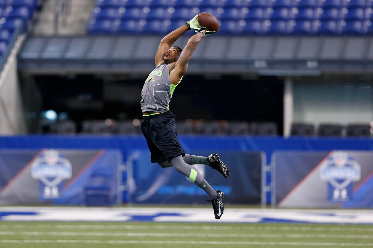 INDIANAPOLIS, IN - FEBRUARY 25: Former San Jose State defensive back Bene Benwikere goes high to catch the ball during the 2014 NFL Combine at Lucas Oil Stadium on February 25, 2014 in Indianapolis, Indiana. (Photo by Joe Robbins/Getty Images)