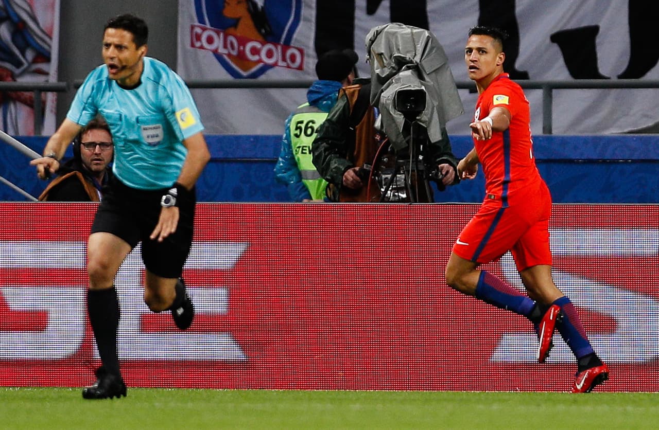Photo of action during the match Germany vs Chile, Corresponding to Group B of the FIFA Confederations Cup Russia 2017, at Kazan Arena Stadium. Foto de accion durante el partido Alemania vs Chile, Correspondiente al Grupo B de la Copa FIFA Confederaciones Rusia 2017, en el Estadio Arena Kazan, Kazan, en la foto: Alexis Sanchez celebra su gol de Chile 22/06/2017/MEXSPORT/PHOTOSPORT/Andres Pina.