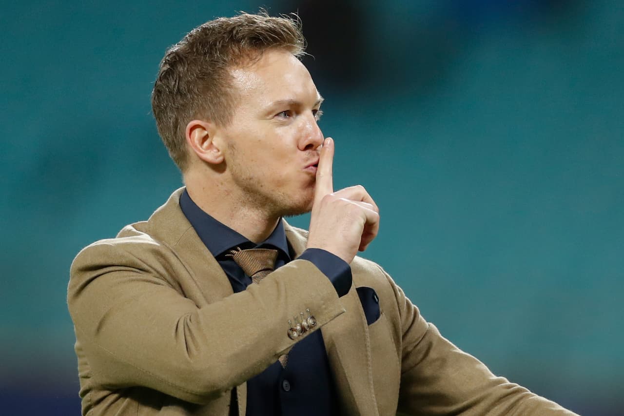 Julian Nagelsmann celebrando el pase de Leipzig a los Cuartos de Final de la UEFA Champions League.