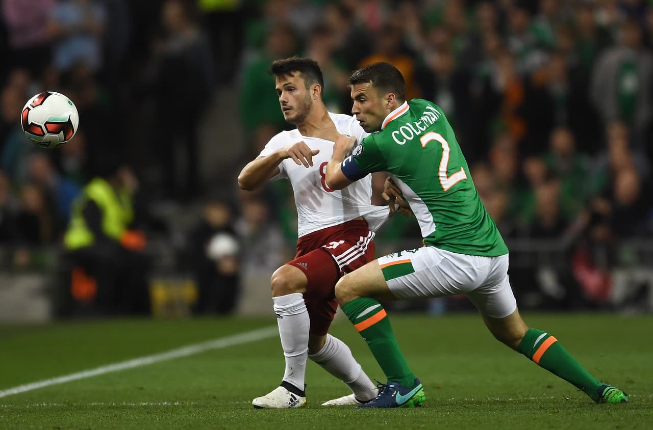 DUBLIN, IRELAND - OCTOBER 06: Valeri Qazaishvili of Georgia and Seamus Coleman of Republic of Ireland battle for possession during the FIFA 2018 World Cup Group D Qualifier between Republic of Ireland and Georgia at Aviva Stadium on October 6, 2016 in Dublin, Ireland. (Photo by Mike Hewitt/Getty Images)
