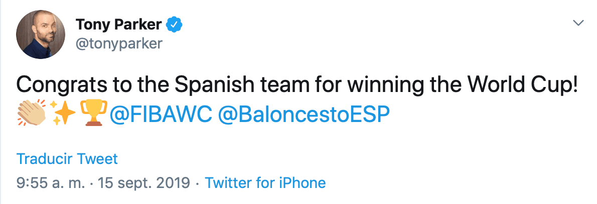 Tony Parker felicita al equipo español por su Campeonato.