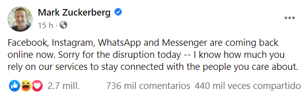 El creador de Facebook pidió disculpas en su página, pues entiende la importancia de que las personas estén conectadas.