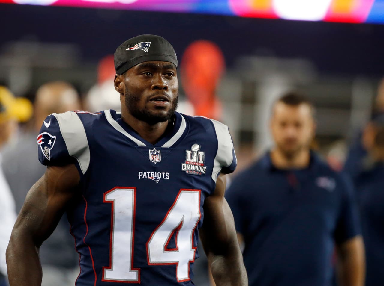 New England Patriots wide receiver Brandin Cooks watches play from the sideline during the second half of an NFL football game against the Kansas City Chiefs, Thursday, Sept. 7, 2017, in Foxborough, Mass. (AP Photo/Michael Dwyer)