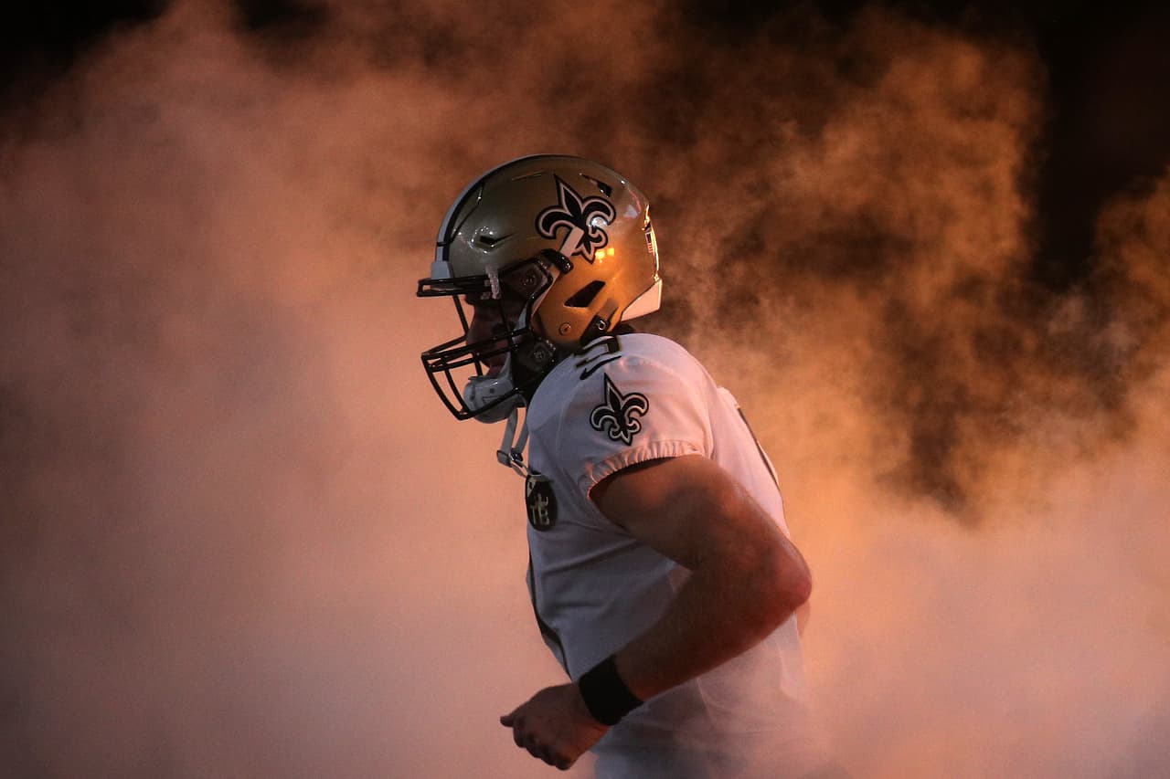 NEW ORLEANS, LA - OCTOBER 08: Drew Brees #9 of the New Orleans Saints is introduced prior to playing the Washington Redskins at Mercedes-Benz Superdome on October 8, 2018 in New Orleans, Louisiana. (Photo by Chris Graythen/Getty Images)