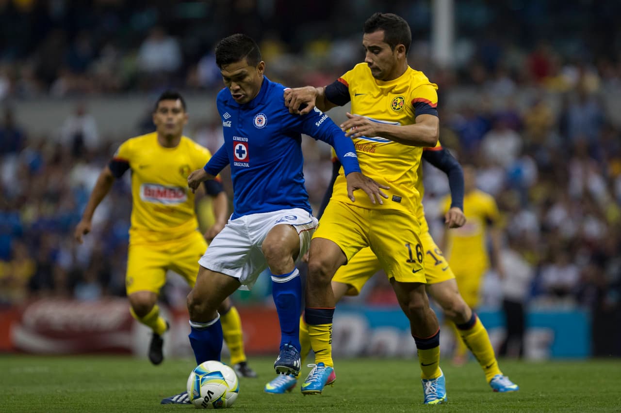 MEXICO CITY, MEXICO - APRIL 03: Adrian Alderete of America fights for the ball with Teofilo Gutierrez of Cruz Azul during a match between America and Cruz Azul as part of the Copa MX 2013 at Azteca Stadium on April 03, 2013 in Mexico City, Mexico. (Photo by Miguel Tovar/LatinContent/Getty Images)