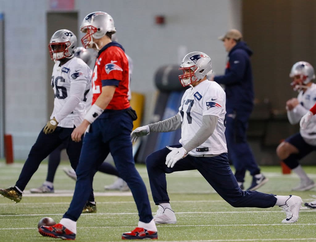 ATLANTA, GEORGIA - JANUARY 30: Rob Gronkowski #87 of the New England Patriots stretches during Super Bowl LIII practice at Georgia Tech Brock Practice Facility on January 30, 2019 in Atlanta, Georgia. (Photo by Kevin C. Cox/Getty Images)