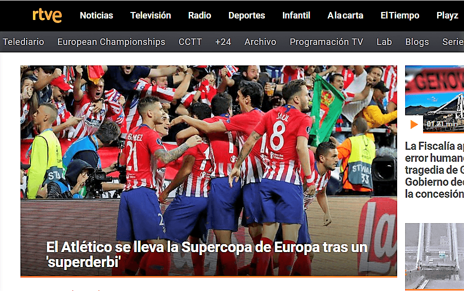 El website de Radio y Televisión Española (RTVE) también le dio importancia al al victoria del Atlético en su front page.