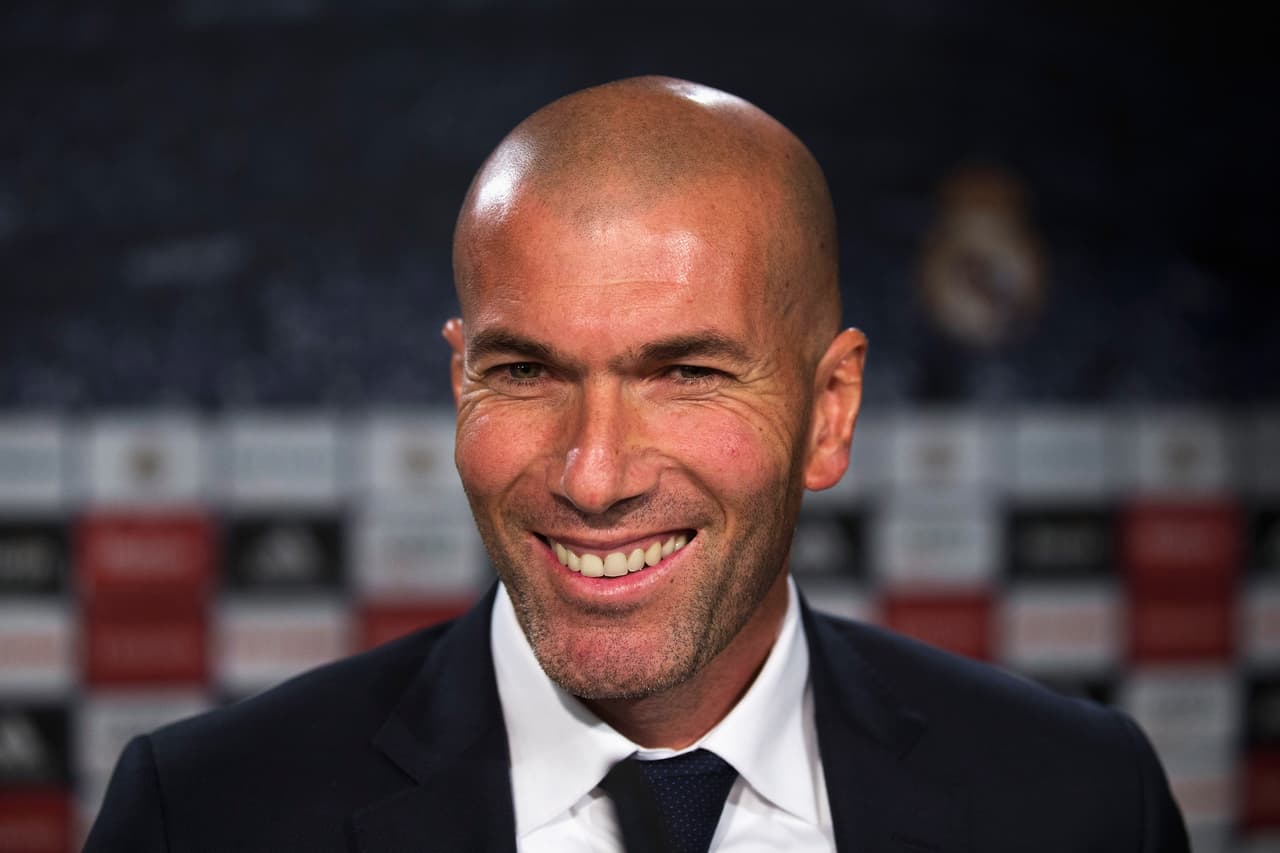 MADRID, SPAIN - JANUARY 05: Newly appointed manager of Real Madrid Zinedine Zidane smiles during a Real Madrid press conference at Valdebebas training ground on January 5, 2016 in Madrid, Spain. (Photo by Gonzalo Arroyo Moreno/Getty Images)