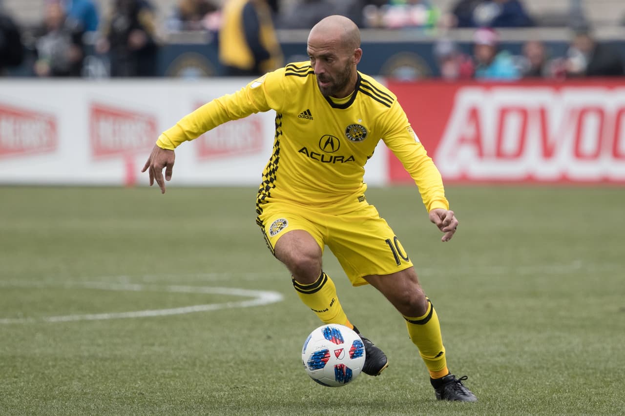 Mar 17, 2018; Philadelphia, PA, USA; Columbus Crew forward Federico Higuain (10) controls the ball against the Philadelphia Union during the first half at Talen Energy Stadium. Mandatory Credit: Bill Streicher-USA TODAY Sports