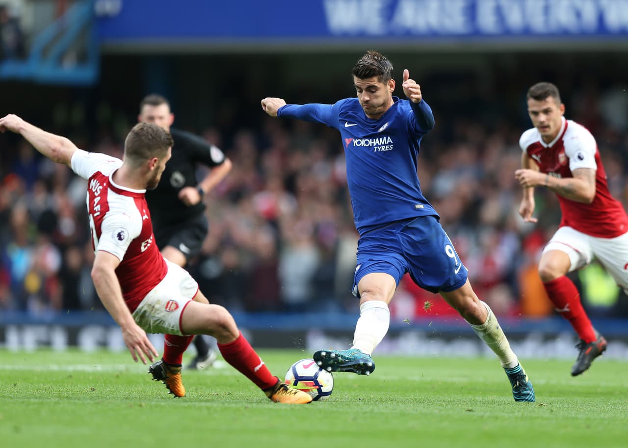 17th September 2017, Stamford Bridge, London, England; EPL Premier League football, Chelsea versus Arsenal; Shkodran Mustafi of Arsenal challenges Alvaro Morata of Chelsea (Photo by John Patrick Fletcher/Action Plus via Getty Images)