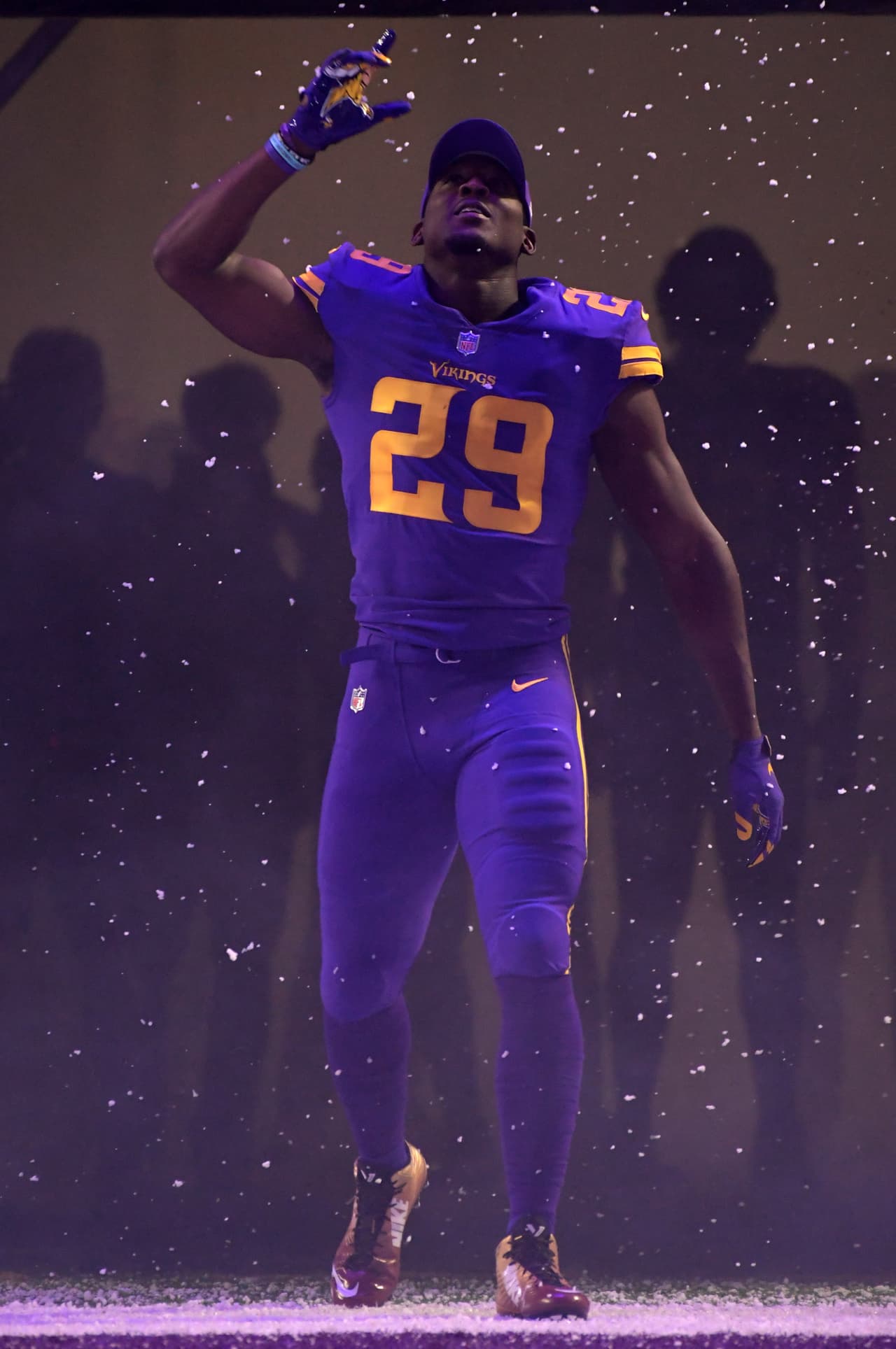 Minnesota Vikings cornerback Xavier Rhodes (29) enters the field through confetti during a NFL football game against the Dallas Cowboys in Minneapolis, MN on Thursday, Dec 1, 2016. (Kirby Lee/NFL)