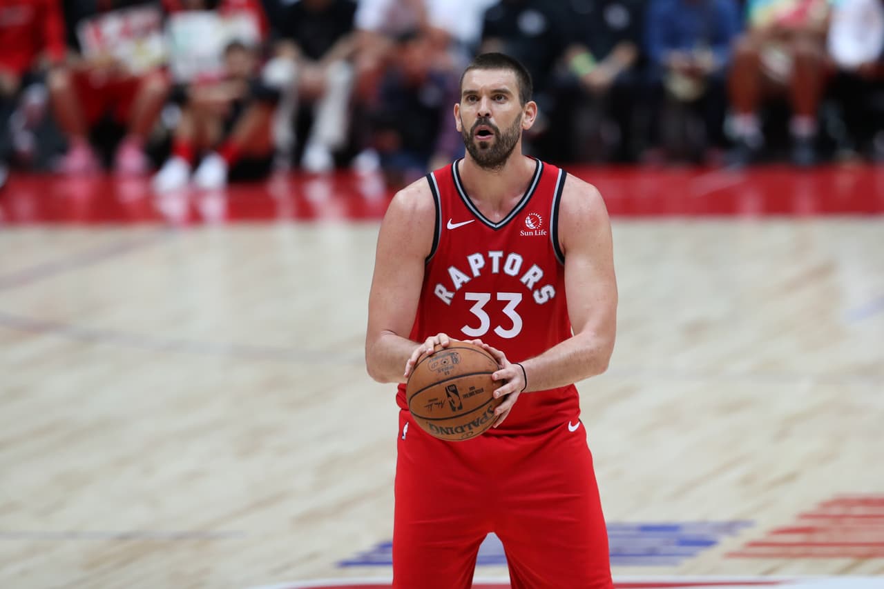 SAITAMA, JAPAN - OCTOBER 10: Marc Gasol #33 of Toronto Raptors shoots a free throw during the preseason game between Toronto Raptors and Houston Rockets at Saitama Super Arena on October 10, 2019 in Saitama, Japan. NOTE TO USER: User expressly acknowledges and agrees that, by downloading and/or using this photograph, user is consenting to the terms and conditions of the Getty Images License Agreement. (Photo by Takashi Aoyama/Getty Images)