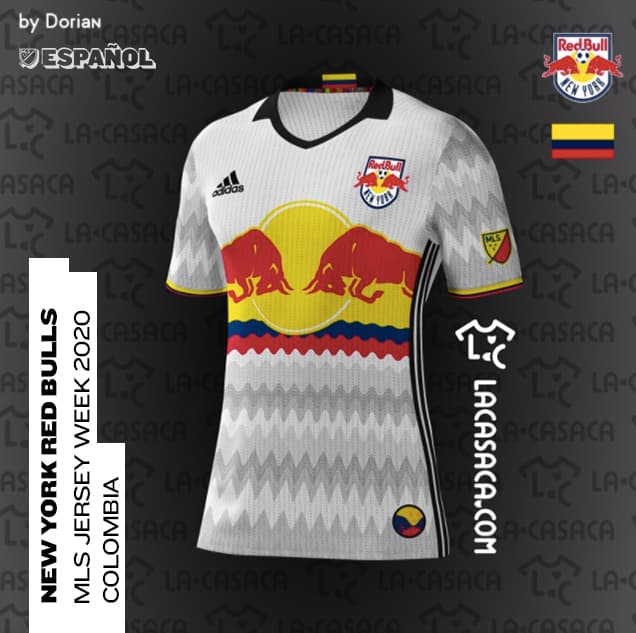 <b>New York Red Bulls = Selección Colombia</b>
<br>New York Red Bulls reside en una zona de Nueva Jersey con una enorme afición colombiana. En ese dato se inspira este diseño, que toma elementos de los trajes y vestidos campesinos del país sudamericano, además de incorporar la bandera nacional como acompañamiento del logo del club.
