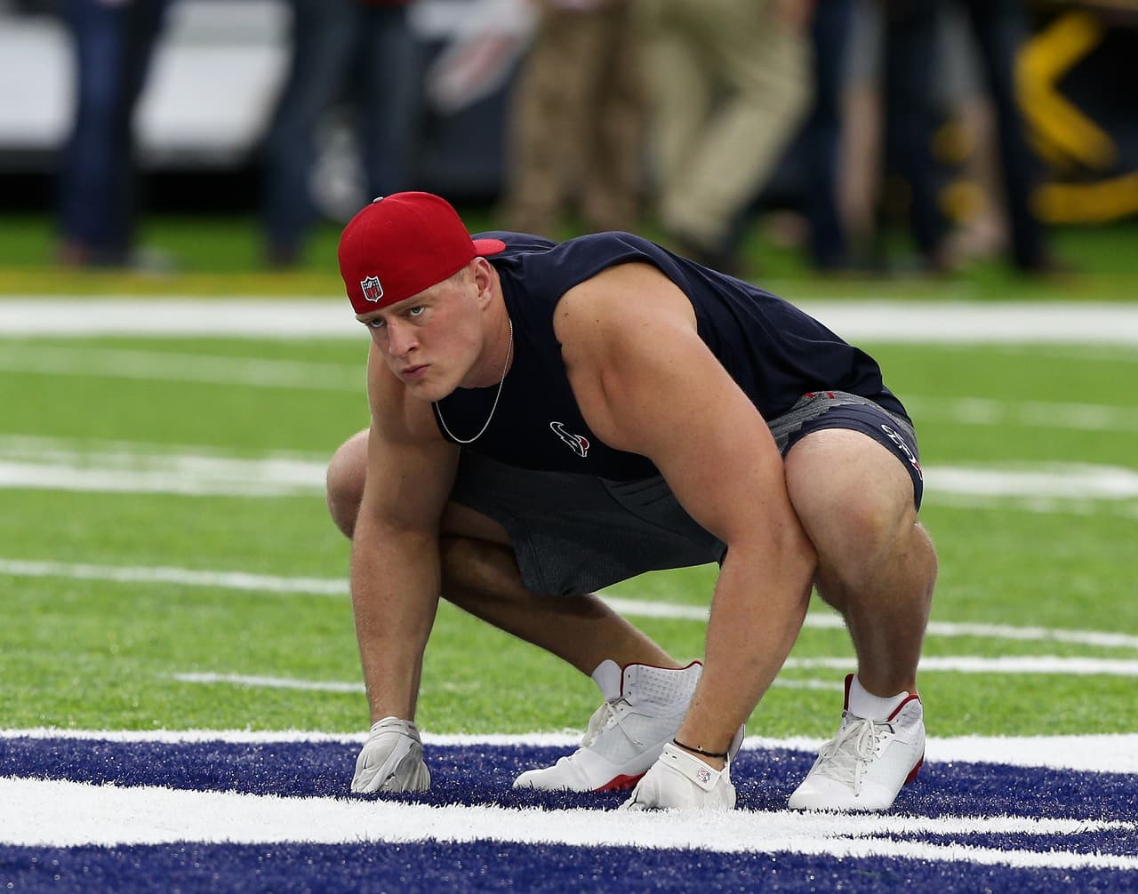 HOUSTON, TX - SEPTEMBER 18: J.J. Watt #99 of the Houston Texans warms up before playing the Kansas City Chiefs at NRG Stadium on September 18, 2016 in Houston, Texas. (Photo by Bob Levey/Getty Images)