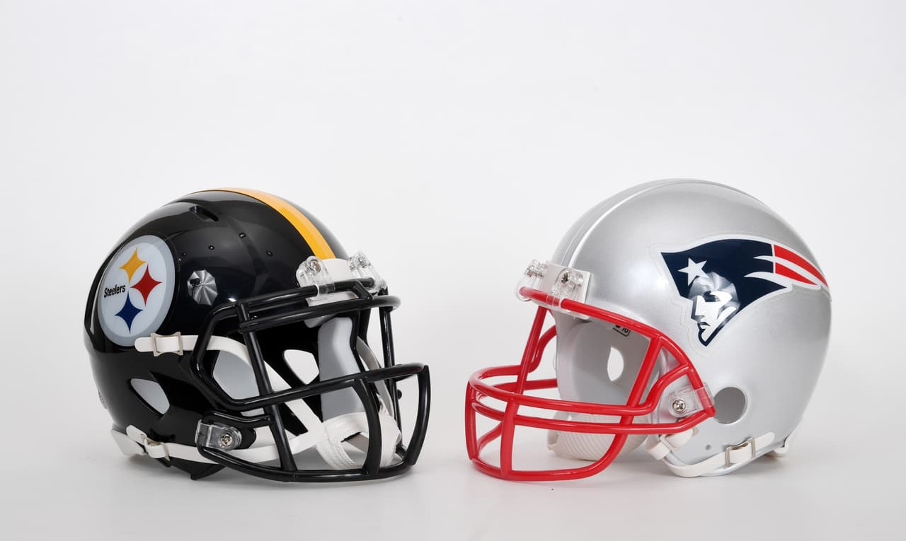 General overall view of Pittsburgh Steelers and New England Patriots helmet. (Kirby Lee/NFL)