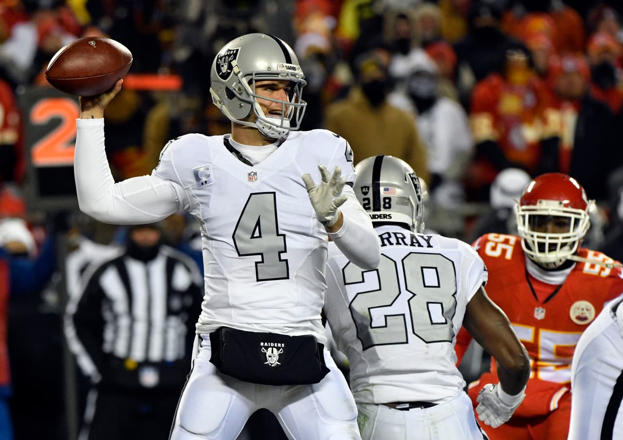 Oakland Raiders quarterback Derek Carr (4) throws during the first half of an NFL football game against the Kansas City Chiefs in Kansas City, Mo., Thursday, Dec. 8, 2016. (AP Photo/Ed Zurga)