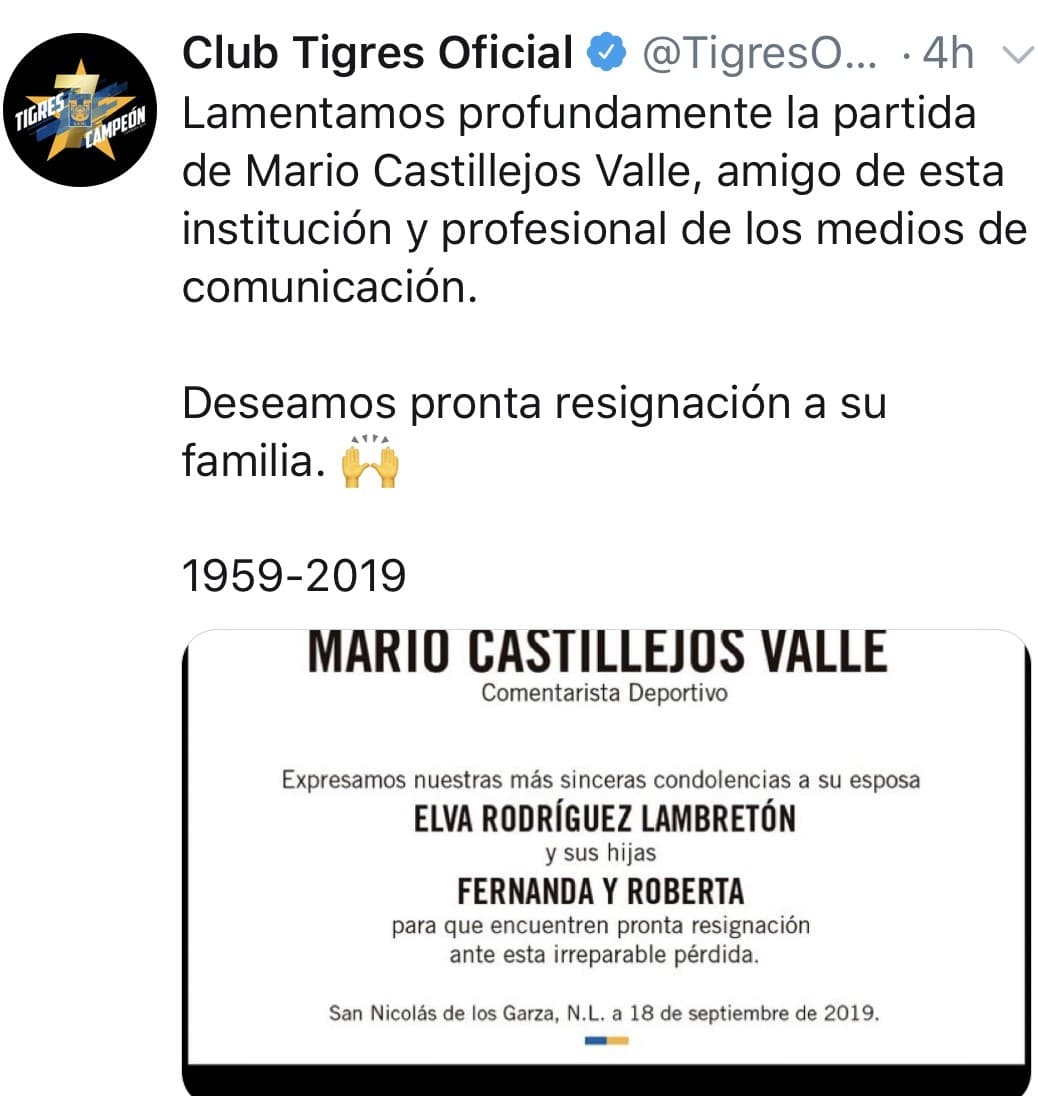 Los clubes de la Liga MX, se unieron para darle el pésame a la familia de Mario Castillejos, quién falleció este miércoles 18 de septiembre.