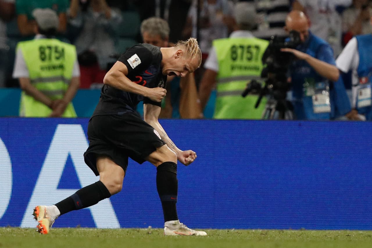Croatia's defender Domagoj Vida celebrates scoring his penalty during the Russia 2018 World Cup quarter-final football match between Russia and Croatia at the Fisht Stadium in Sochi on July 7, 2018. (Photo by Adrian DENNIS / AFP) / RESTRICTED TO EDITORIAL USE - NO MOBILE PUSH ALERTS/DOWNLOADS (Photo credit should read ADRIAN DENNIS/AFP/Getty Images)
