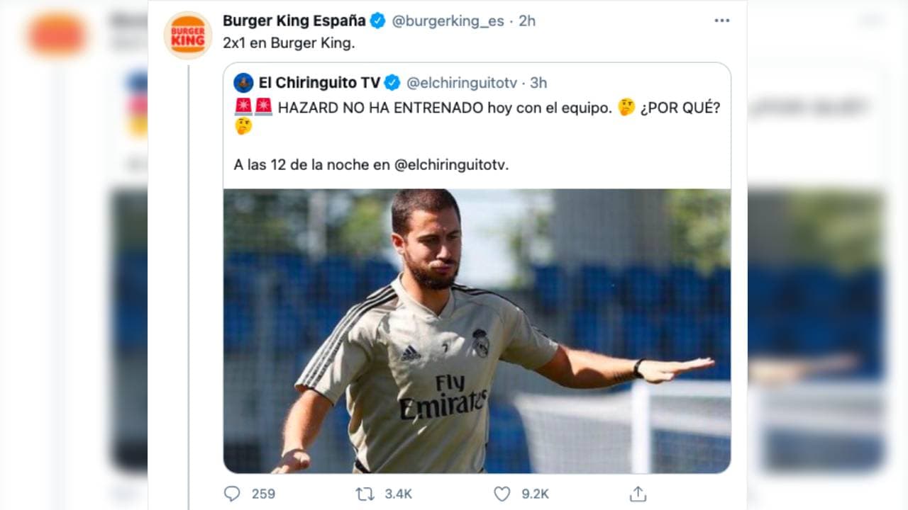 Burger King se burla de Eden Hazard por no entrenar con el Real Madrid y lanza promoción de 2x1 en hamburguesas.