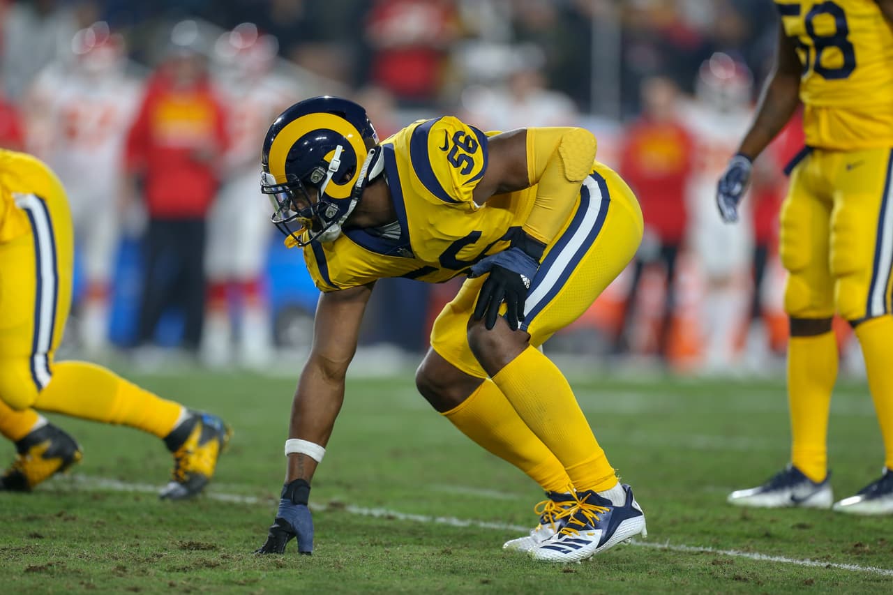 Los Angeles Rams defensive end Dante Fowler (56) during a NFL game between the Kansas City Chiefs and the Los Angeles Rams on November 19, 2018 at the Los Angeles Memorial Coliseum in Los Angeles, CA.