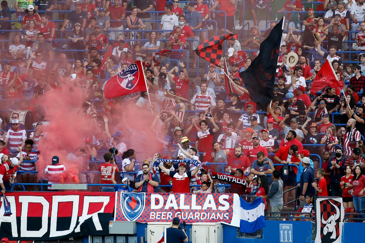 Jul 4, 2021; Frisco, Texas, USA; FC Dallas fans cheer after a goal against the Vancouver Whitecaps at Toyota Stadium. Mandatory Credit: Tim Heitman-USA TODAY Sports
