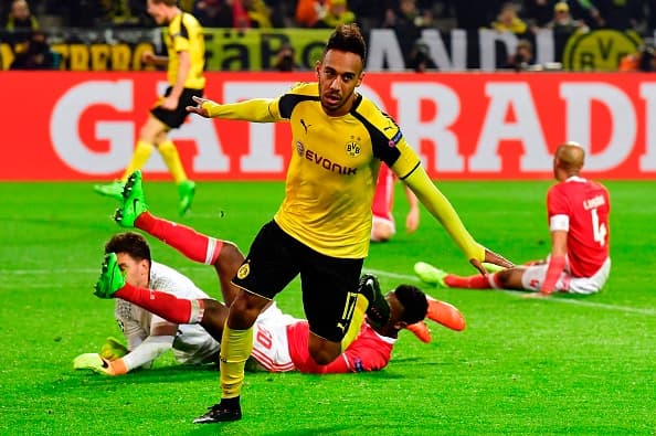 Dortmund's Gabonese forward Pierre-Emerick Aubameyang celebrate scoring a hattrick, the 4-0 goal during the UEFA Champions League Round of 16, 2nd-leg football match Borussia Dortmund v SL Benfica in Dortmund, western Germany on March 8, 2017 / AFP PHOTO / John MACDOUGALL (Photo credit should read JOHN MACDOUGALL/AFP/Getty Images)