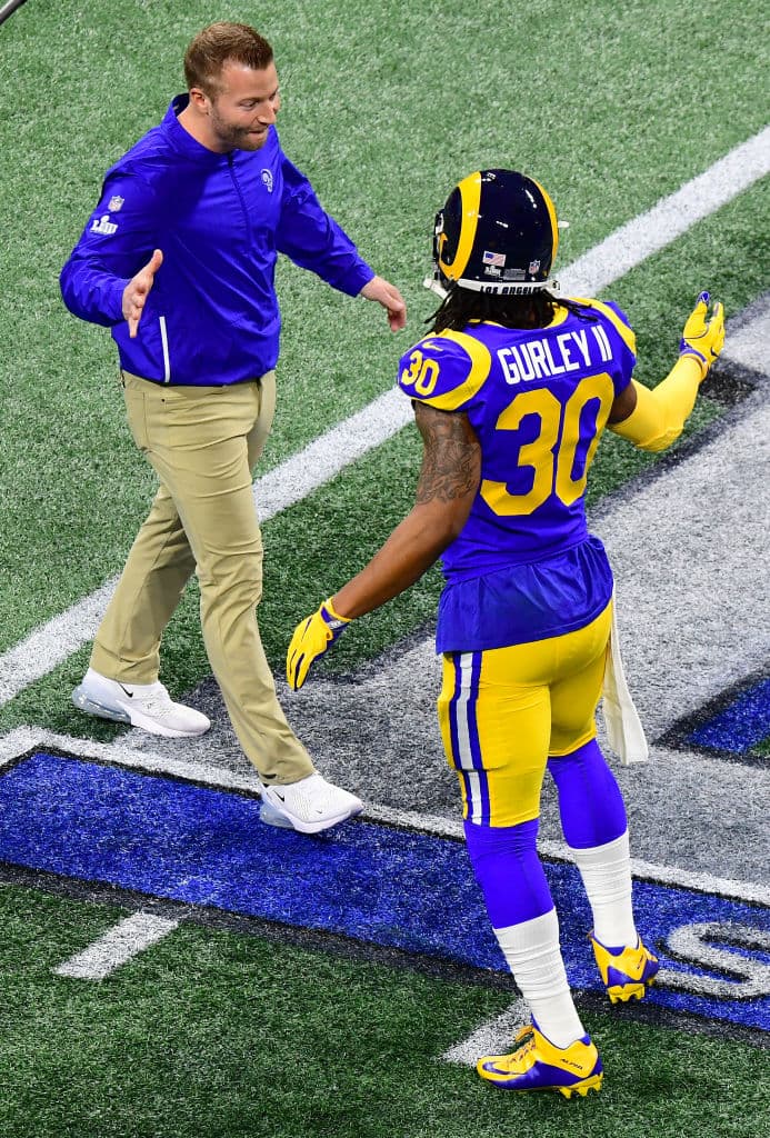 ATLANTA, GEORGIA - FEBRUARY 03: Head coach Sean McVay and Todd Gurley #30 of the Los Angeles Rams react in the first quarter against the New England Patriots during Super Bowl LIII at Mercedes-Benz Stadium on February 03, 2019 in Atlanta, Georgia. (Photo by Scott Cunningham/Getty Images)
