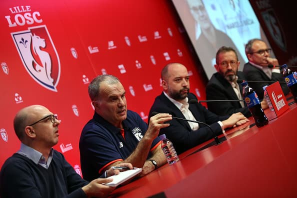 LILLE, FRANCE - MAY 23: Marcelo Bielsa of Argentina is introduced as the new head coach of Lille OSC (LOSC) in presence of Owner of Lille OSC Gerard Lopez, General Director of Lille OSC Marc Ingla, Sports Director of Lille OSC Luis Campos during a press conference at Domaine de Luchin on May 23, 2017 in Camphin-en-Pevele near Lille, France. (Photo by Jean Catuffe/Getty Images)