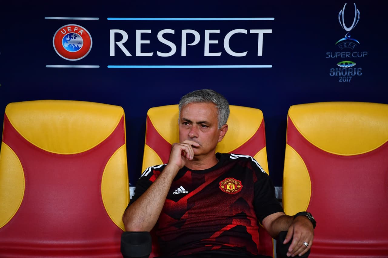 SKOPJE, MACEDONIA - AUGUST 08: Jose Mourinho, Manager of Manchester United looks on prior to the UEFA Super Cup final between Real Madrid and Manchester United at the Philip II Arena on August 8, 2017 in Skopje, Macedonia. (Photo by Dan Mullan/Getty Images)