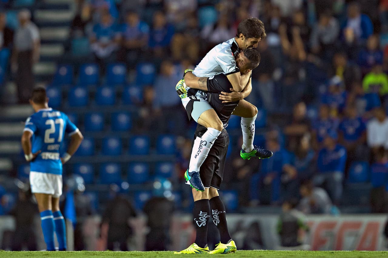 Photo of Action for the Match Cruz Azul vs Queretaro corresponding to the quarter finals of the Copa MX during the Apertura 2016 Liga MX, at Estadio Azul in the photo: Foto de Accion durante el Partido Cruz Azul vs Queretaro correspondiente a los Cuartos de Final de la Copa MX durante el torneo de Apertura 2016 de la Liga MX, en el Estadio Azul, en la foto: Festejo Tiago Volpi y Juan Forlin de Queretaro 19/10/2016/MEXSPORT/ Javier Ramirez