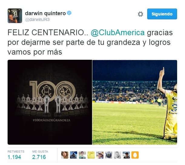 América cumple 100 años de existencia, por lo que diferentes equipos y personajes del medio futbolístico felicitaron a la institución. 
<br>xx.faceq1؇��