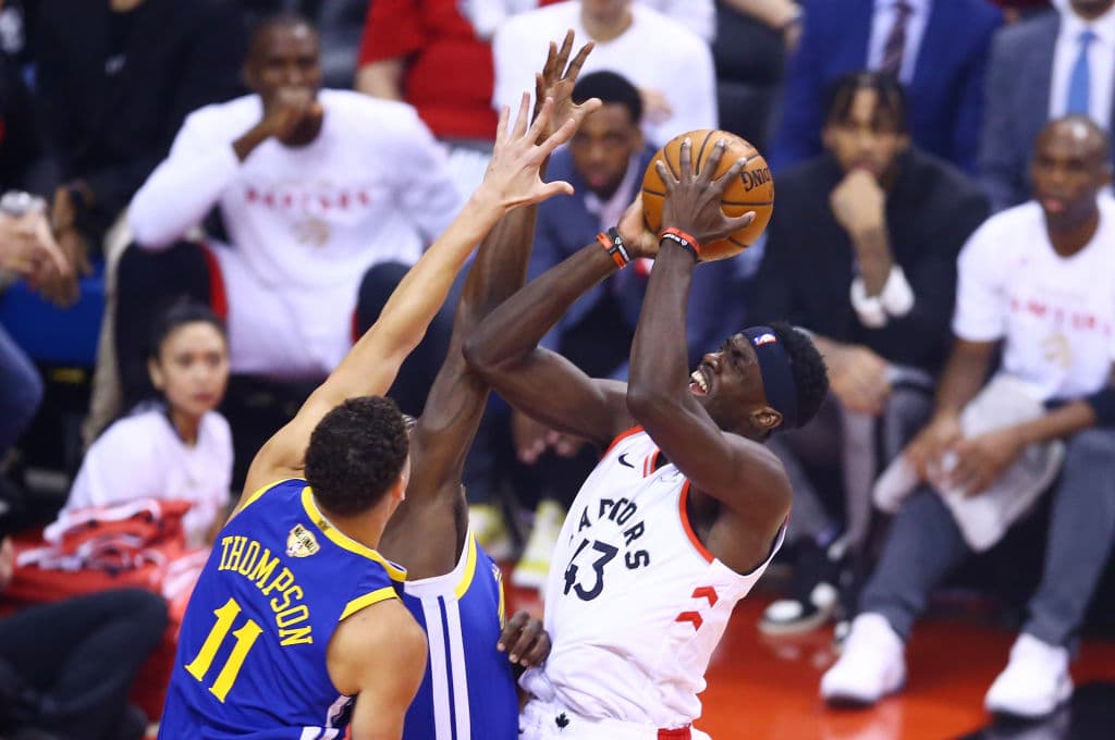 TORONTO, ONTARIO - JUNE 02: Pascal Siakam #43 of the Toronto Raptors attempts a shot against the Golden State Warriors in the first half during Game Two of the 2019 NBA Finals at Scotiabank Arena on June 02, 2019 in Toronto, Canada. NOTE TO USER: User expressly acknowledges and agrees that, by downloading and or using this photograph, User is consenting to the terms and conditions of the Getty Images License Agreement. (Photo by Vaughn Ridley/Getty Images)