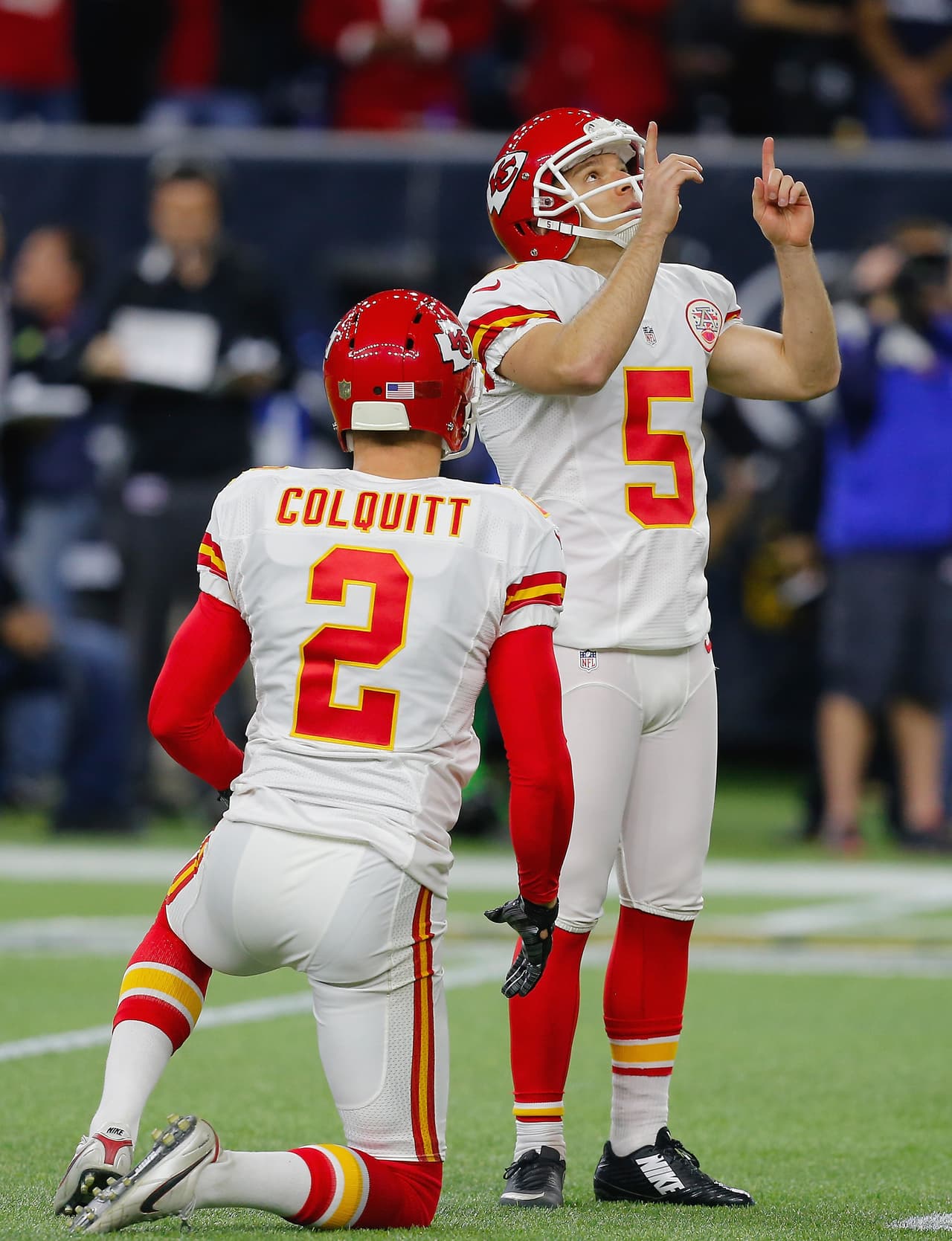 HOUSTON, TX - JANUARY 09: Cairo Santos #5 of the Kansas City Chiefs celebrates kicking a fourth quarter field goal against the Houston Texans during the AFC Wild Card Playoff game at NRG Stadium on January 9, 2016 in Houston, Texas. The Chiefs won 30-0. (Photo by Bob Levey/Getty Images)