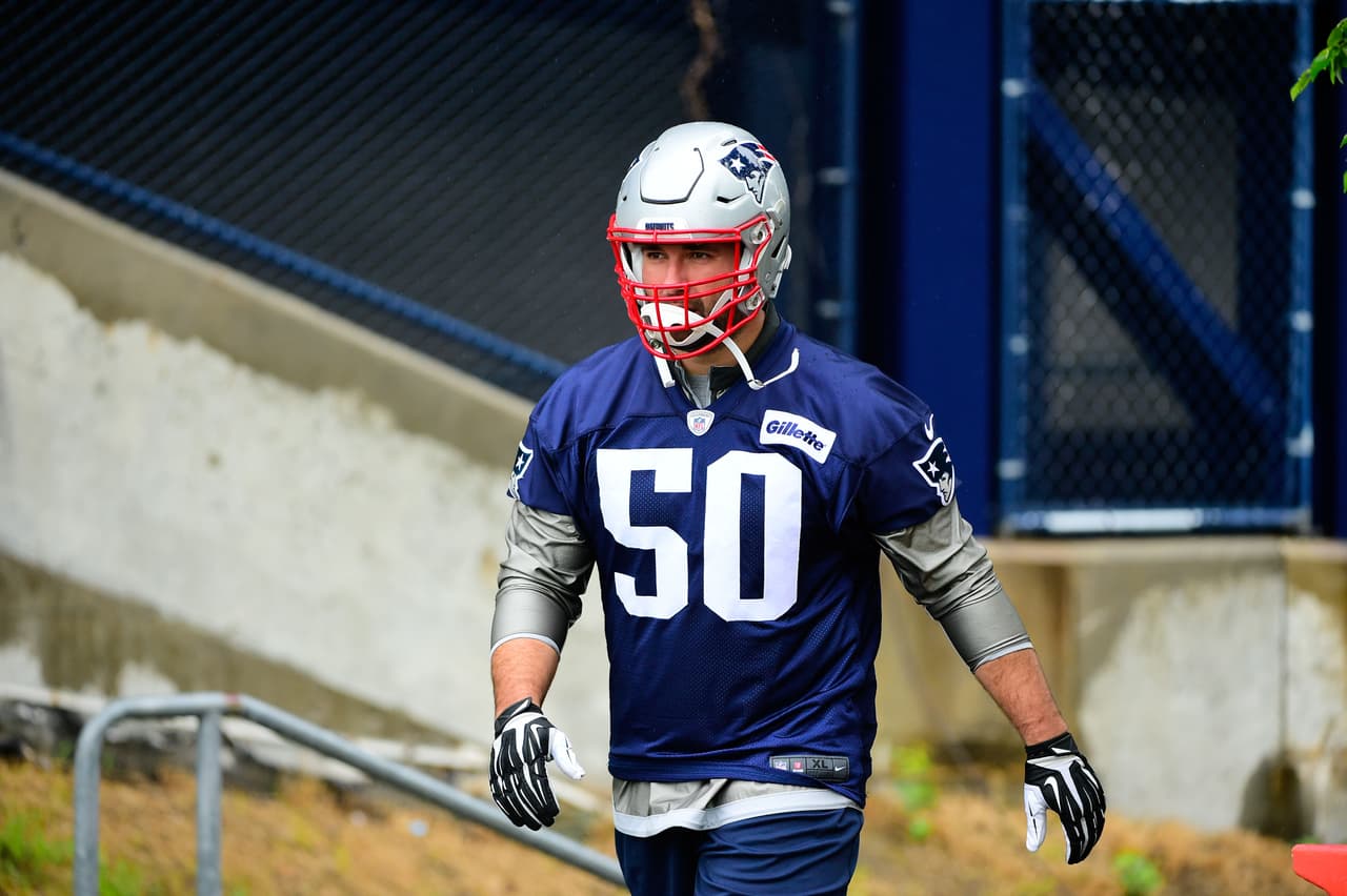 June 6, 2017: New England Patriots defensive end Rob Ninkovich (50) walks to practice in the rain at the New England Patriots mini camp held on the practice field at Gillette Stadium, in Foxborough, Massachusetts. Eric Canha/CSM(Credit Image: © Eric Canha/CSM via ZUMA Wire) (Cal Sport Media via AP Images)