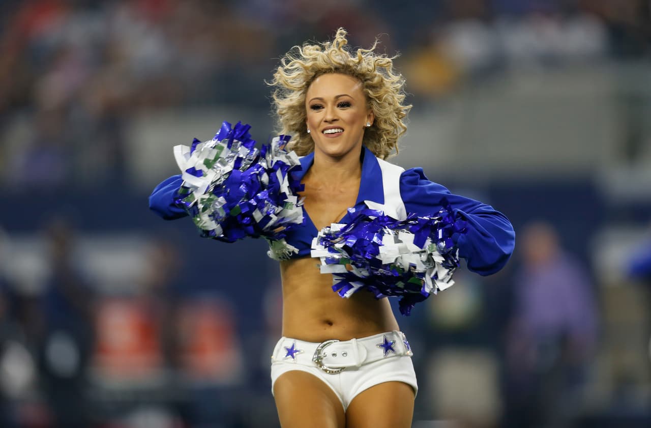 Dallas Cowboys cheerleaders perform during the second half of a preseason NFL football game between the Dallas Cowboys and the Arizona Cardinals in Arlington, Texas, Sunday, Aug. 26, 2018. (AP Photo/Roger Steinman)