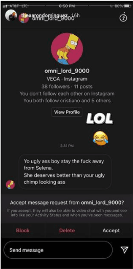 “Chico feo, mantente alejado de Selena. Ella se merece algo mejor ", escribió el usuario, y agregó que era ‘feo’.