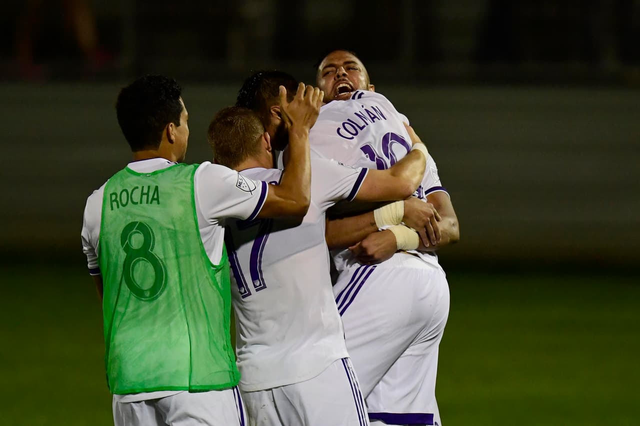 Jun 20, 2018; Montgomery County, MD, USA; Orlando City celebrates after defeating D.C. United in penalty kicks 4-2 at Maureen Hendricks Field Maryland Soccer Plex. Mandatory Credit: Tommy Gilligan-USA TODAY Sports